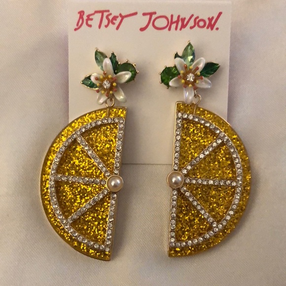 Betsey Johnson Gold Tone & Yellow Lemon Slice Drop Earrings Crystal Accents NWT - Picture 3 of 11